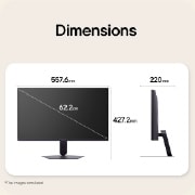 Front and side views of a gaming monitor illustrating its overall dimensions and profile design.
